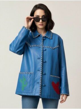 Vintage 80s Hannah Pang Blue Patchwork Leather Southwestern Jacket - M/L